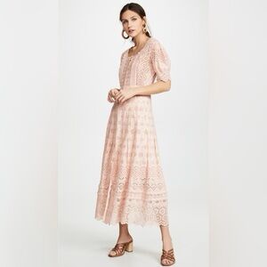 Love Shack Fancy Dress Helena Floral Eyelet Lace Cotton Midi Pink Parfait